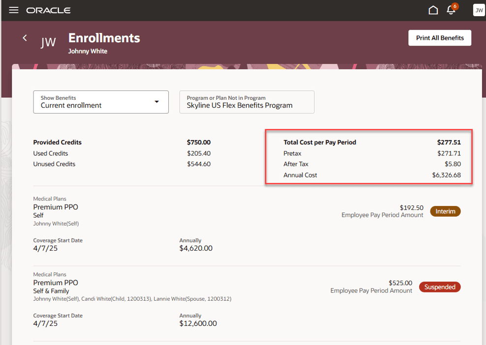 Total Cost Region on the View All Enrollments page 