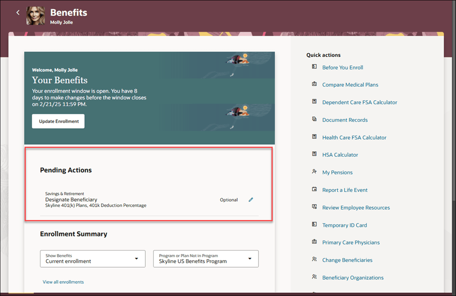 Screen capture of the benefits self-service landing page with the pending actions region highlighted.
