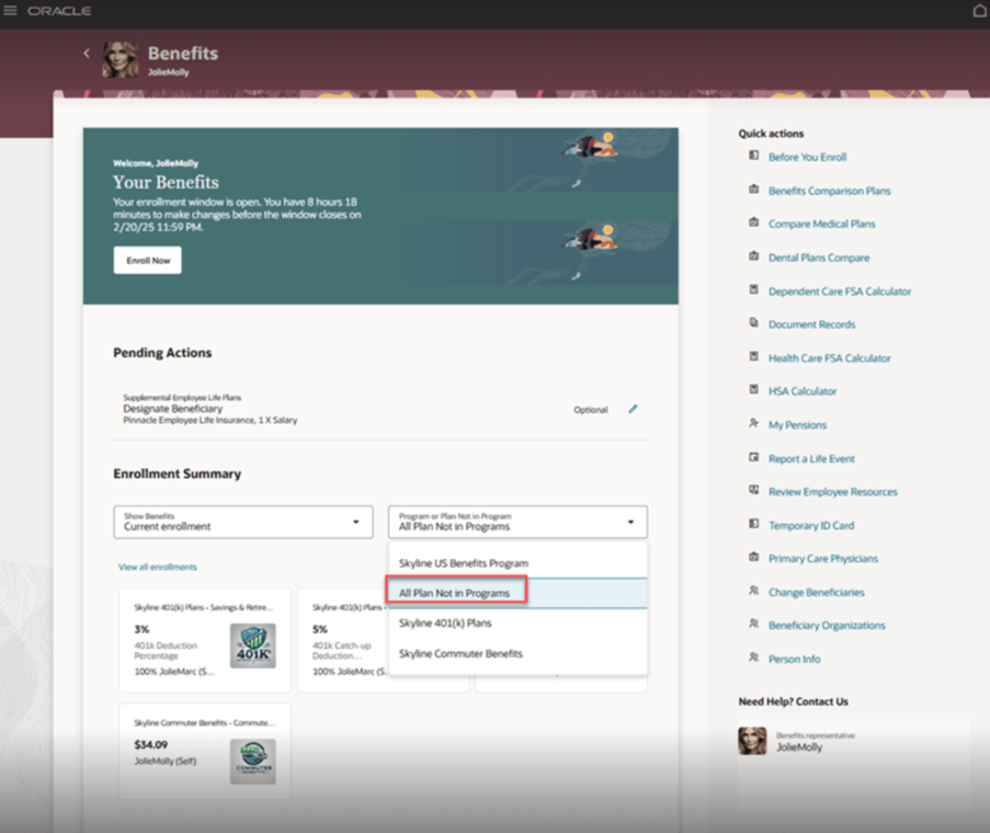 Screen capture of the benefits self-service landing page with the All Plans Not in Program filter highlighted.