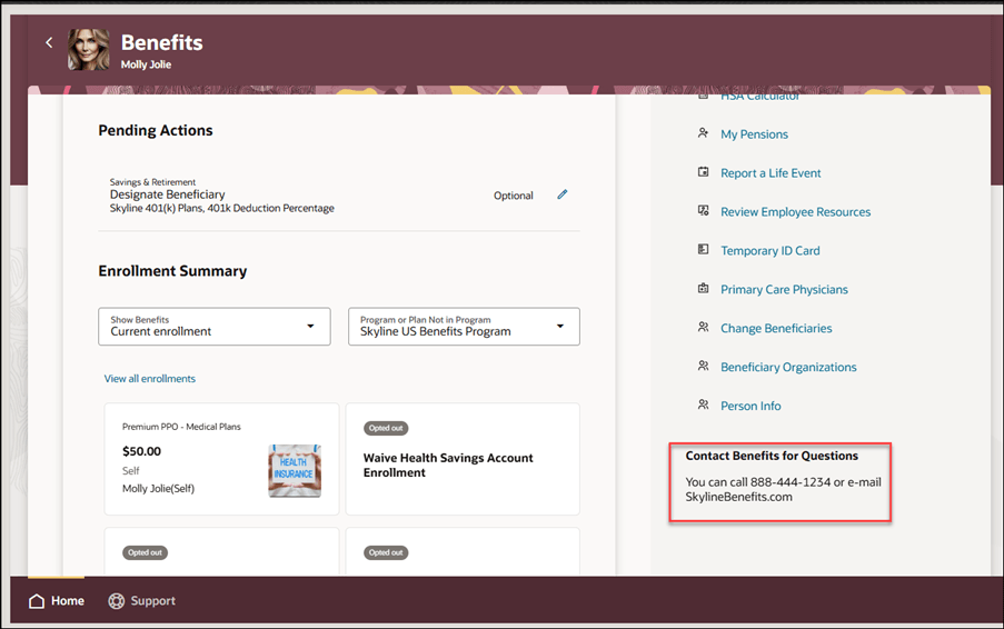 Screen capture of the benefits self-service landing page with the Contact Us Region highlighted.  