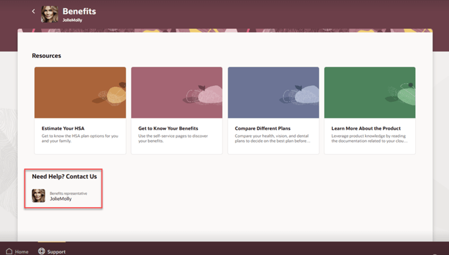 Screen capture of the Support page with the Need Help ? Contact Us region highlighted. 
