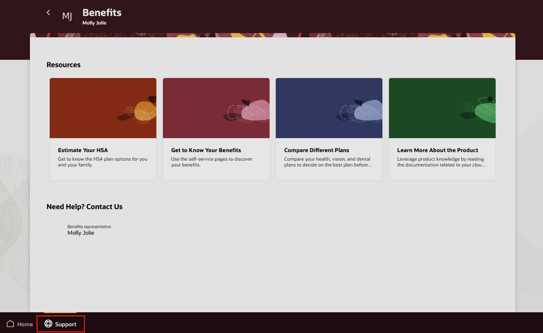 Support tab on the Benefits Self-Service Landing Page