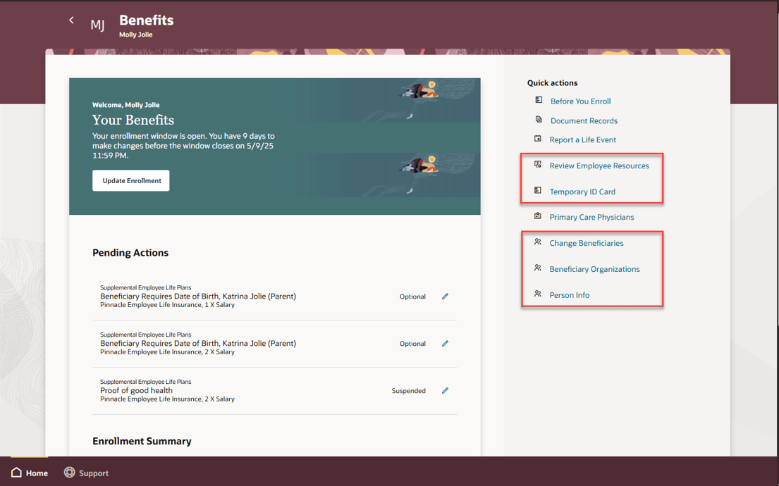 Quick Actions on the Benefits Self-Service Landing Page