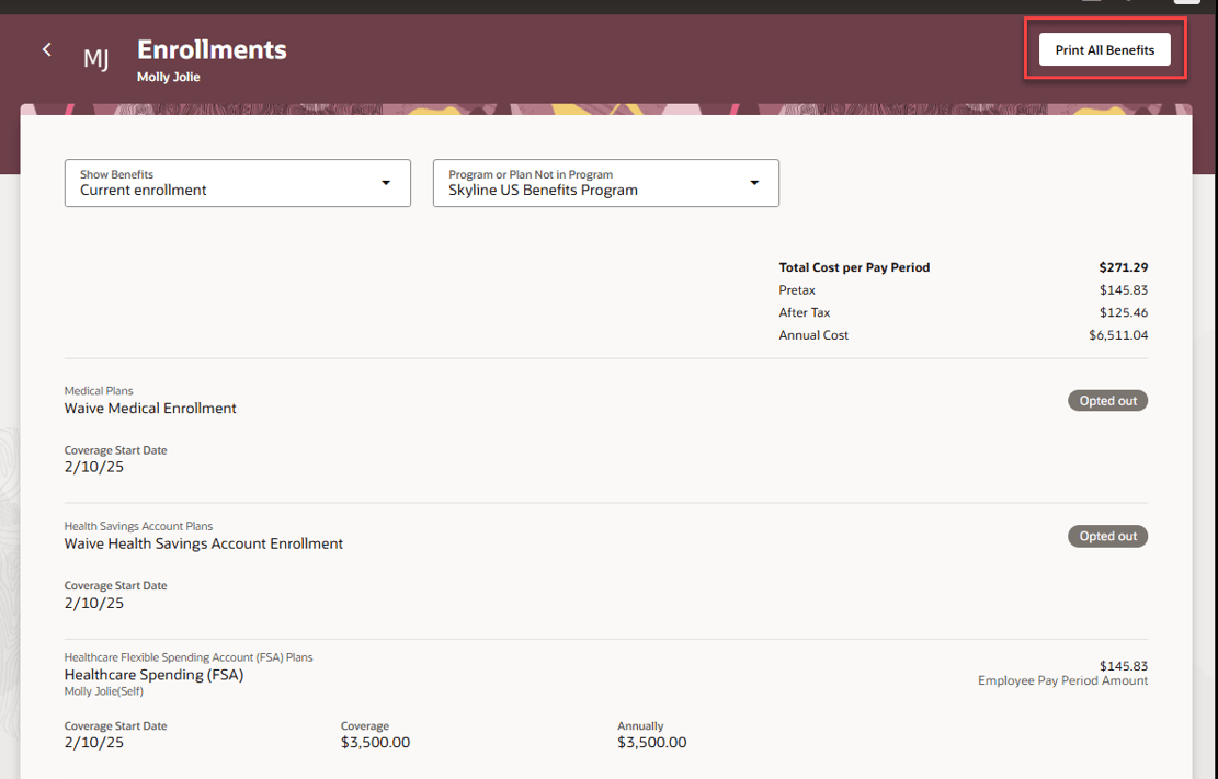 Print All Benefits on the View All Enrollments page