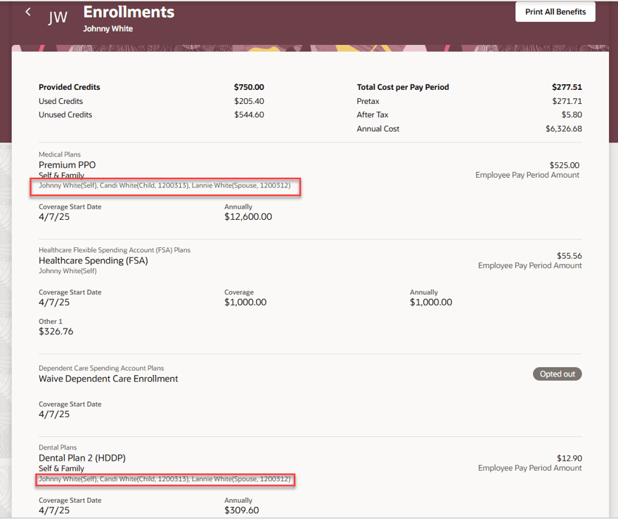 Dependent and Beneficiary Person Number on the View All Enrollments page 
