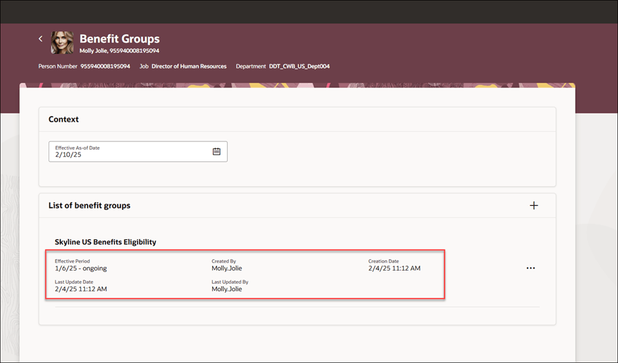 Screen capture of the Benefits Group page with the default attributes highlighted. 