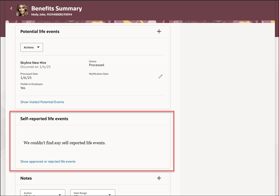 Screen capture of the Benefits Summary page with the self-reported life events region highlighted. 
