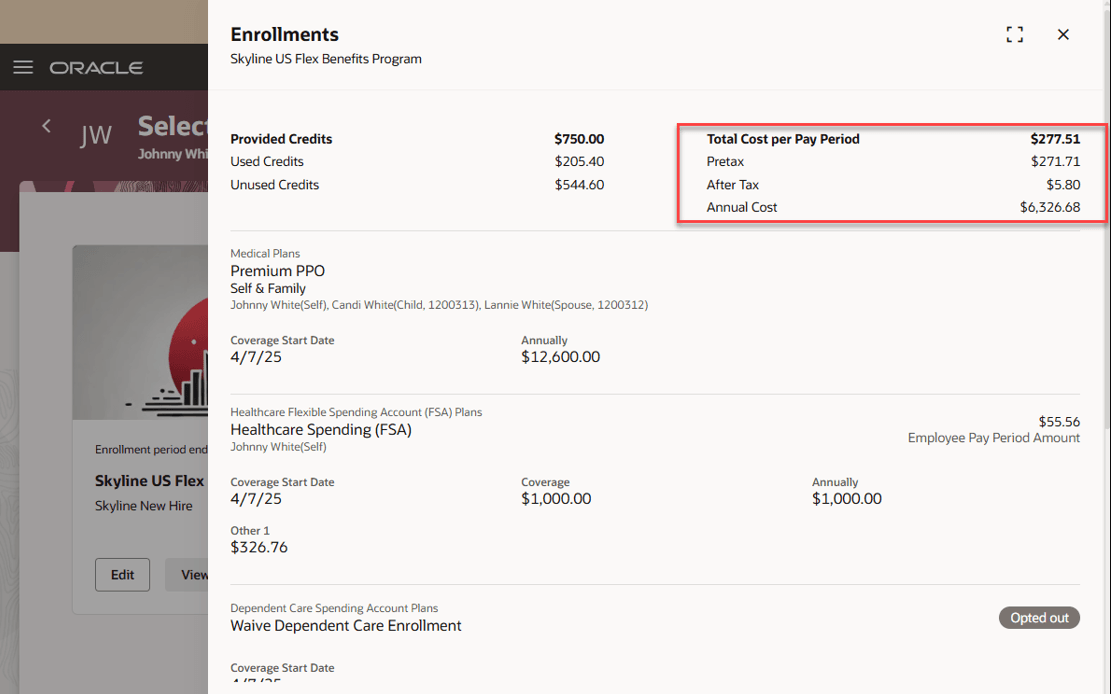 Total Cost Region on View Enrollments  