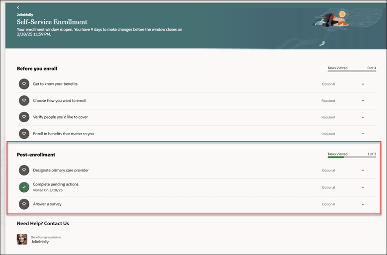 Screen capture of the Self-Service Enrollment page with the Post-enrollment region highlighted.