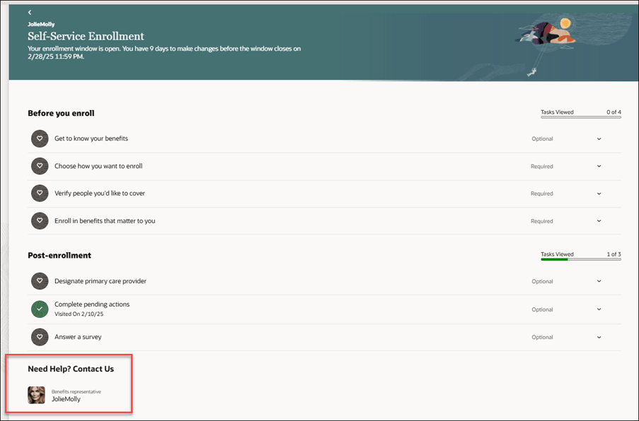 Screen capture of the Self-Service Enrollment page with the Need Help? Contact Us region highlighted.