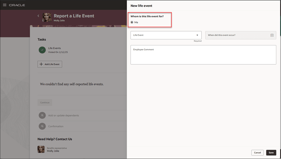 Screen capture of the Report a Life Event page with the Whom is this life event for option highlighted.