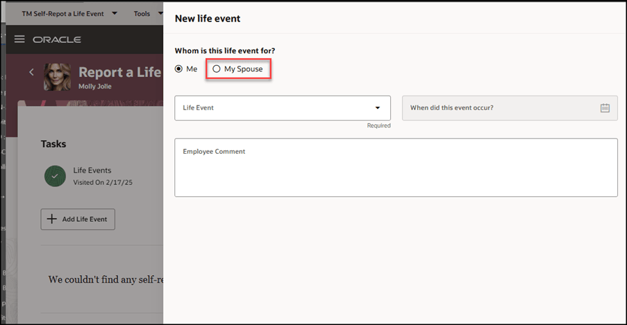 Screen capture of the Report a Life Event page with the Whom is this life event for option highlighted.