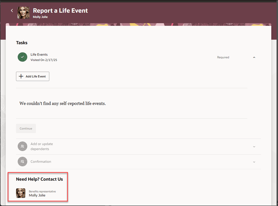 Screen capture of the Report a Life Event page with the Need Help? Contact Us region  highlighted.