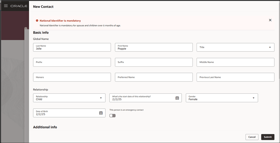 Screen capture of the New Contact page with a sample validation message.