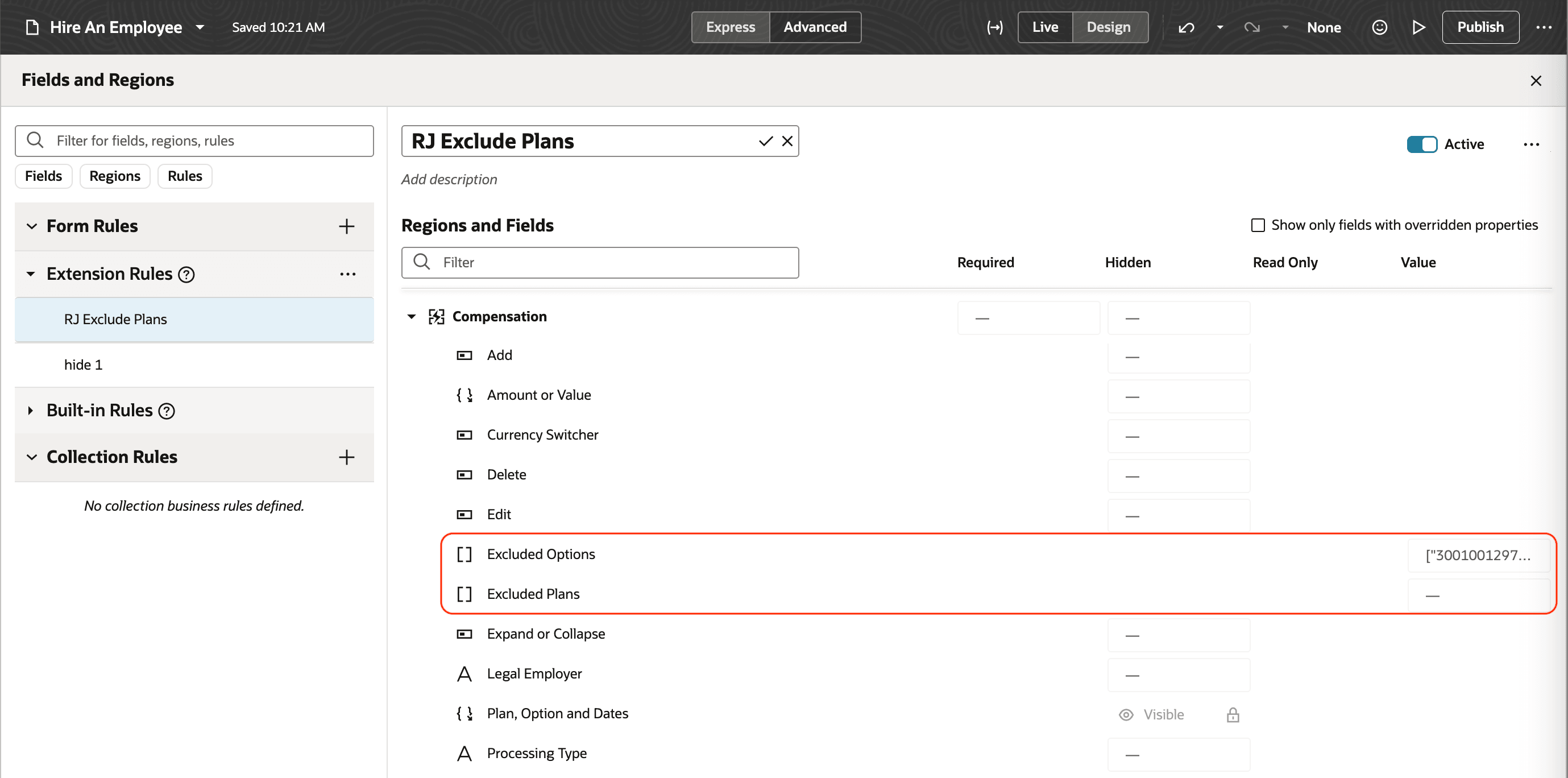 Fields and Regions Page with the Excluded Options and Excluded Plans Rules