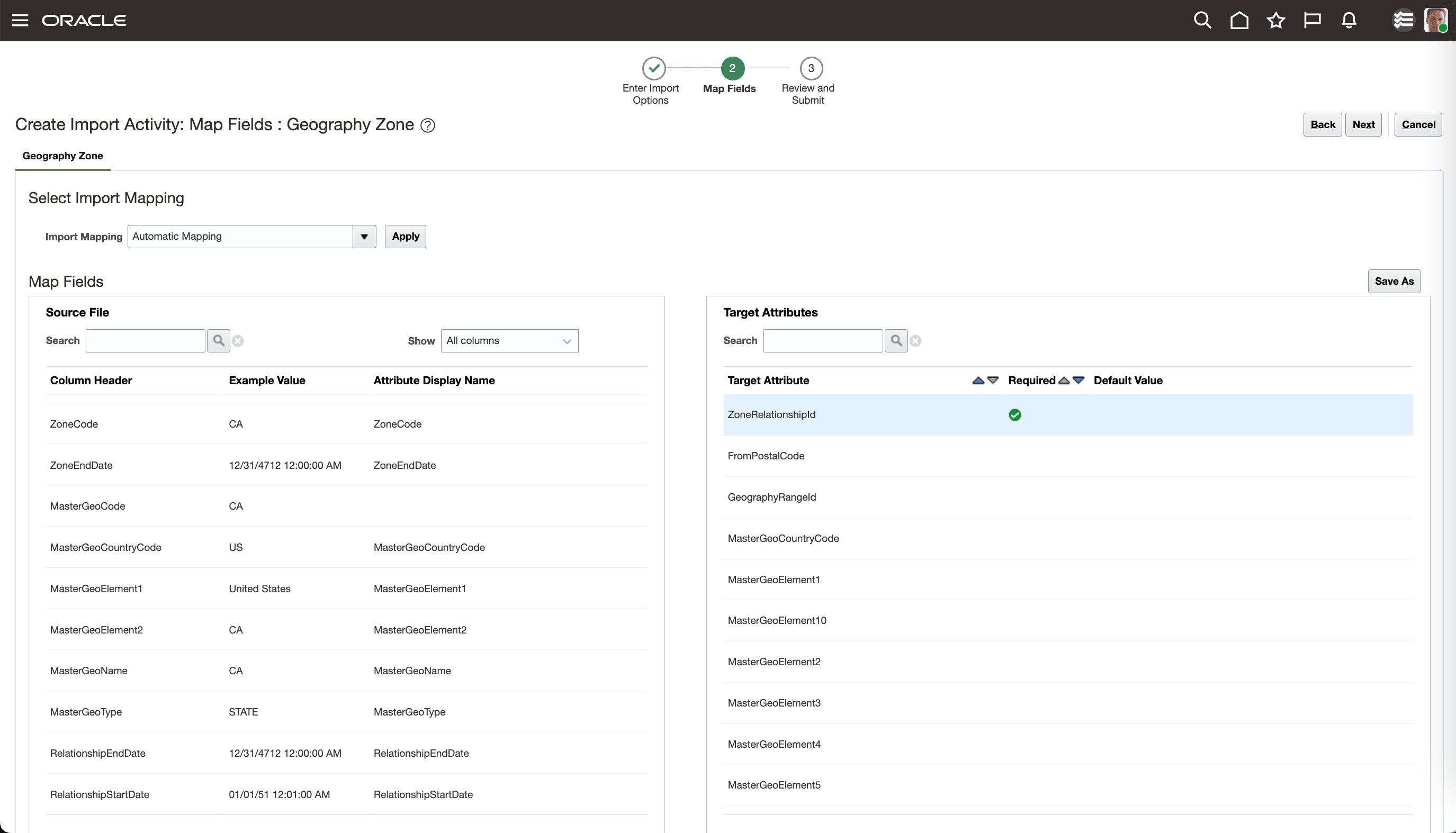 Create Import Activity Guided Process, Map Fields Page
