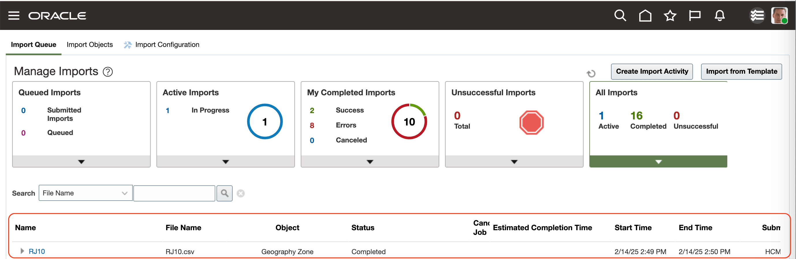 Import Queue Tab Showing a Completed Geography Zone Import