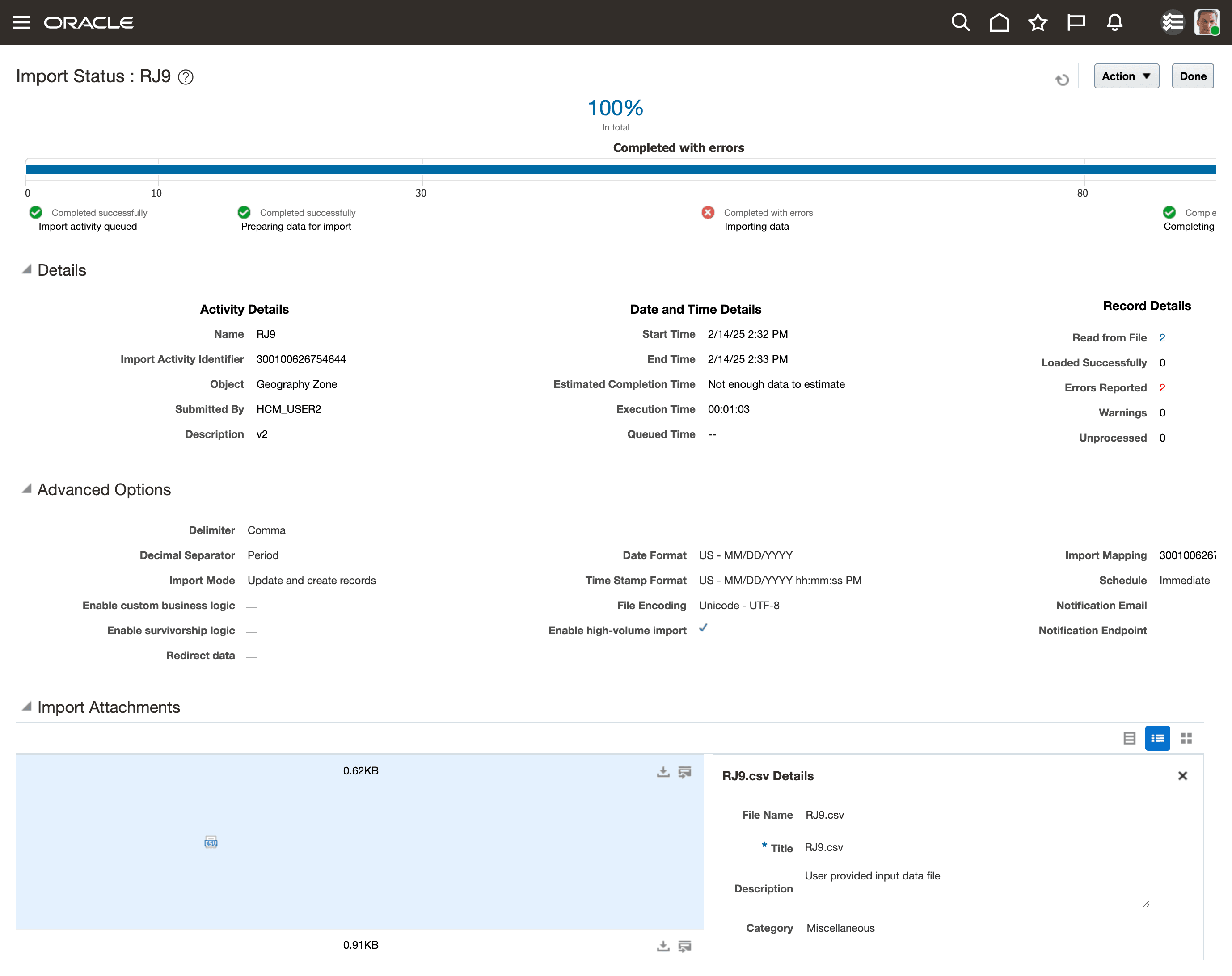 Import Status Page Showing That the Import Completed with Errors and Various Details