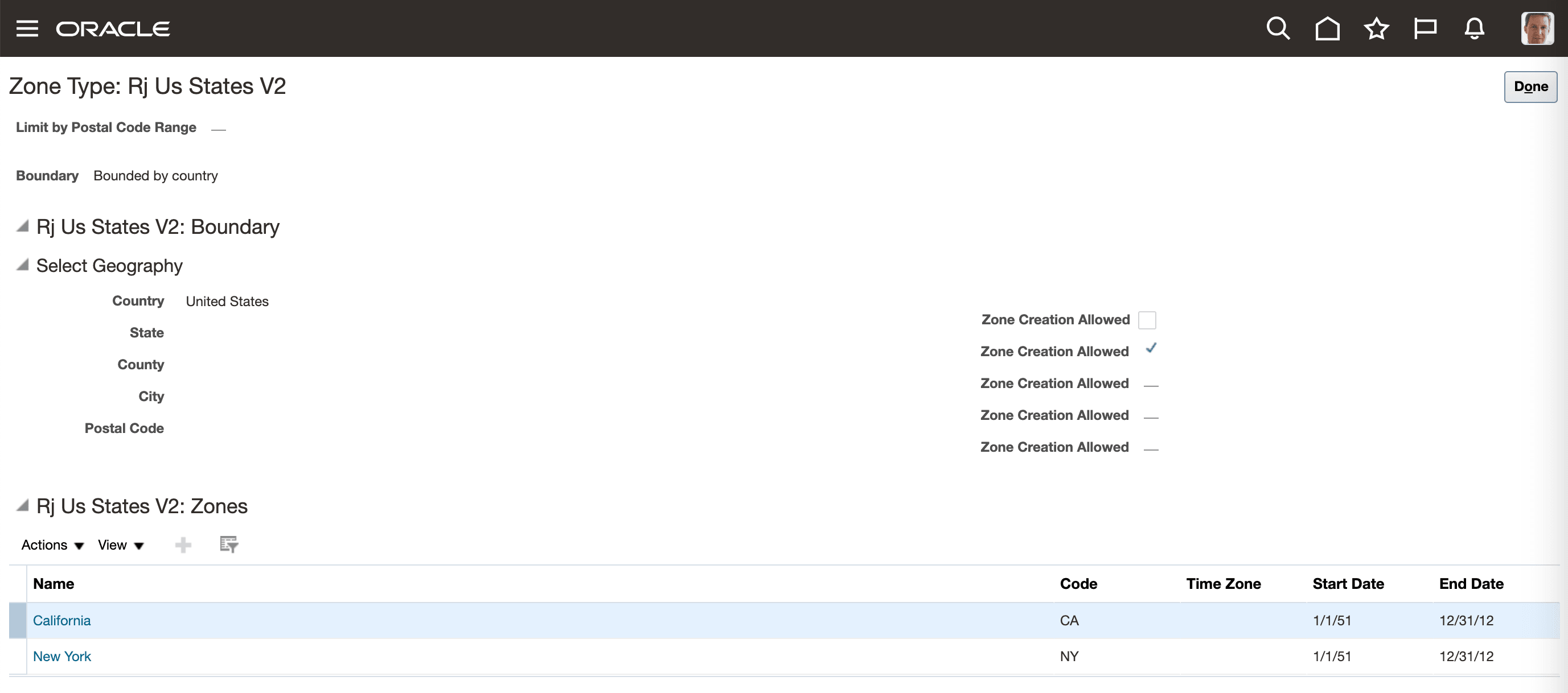 Zones Type Page Showing Zones Created Using the Import Process