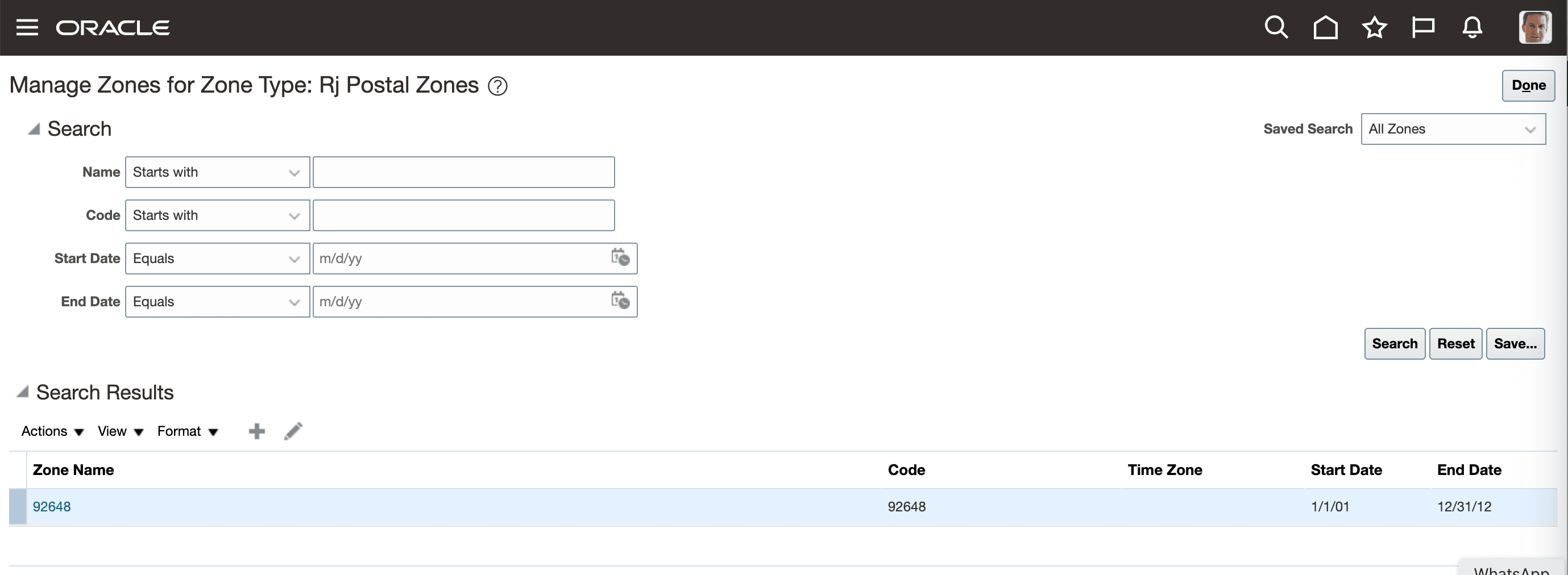 Manage Zones for Zone Type Page Showing a Zone to be Deleted