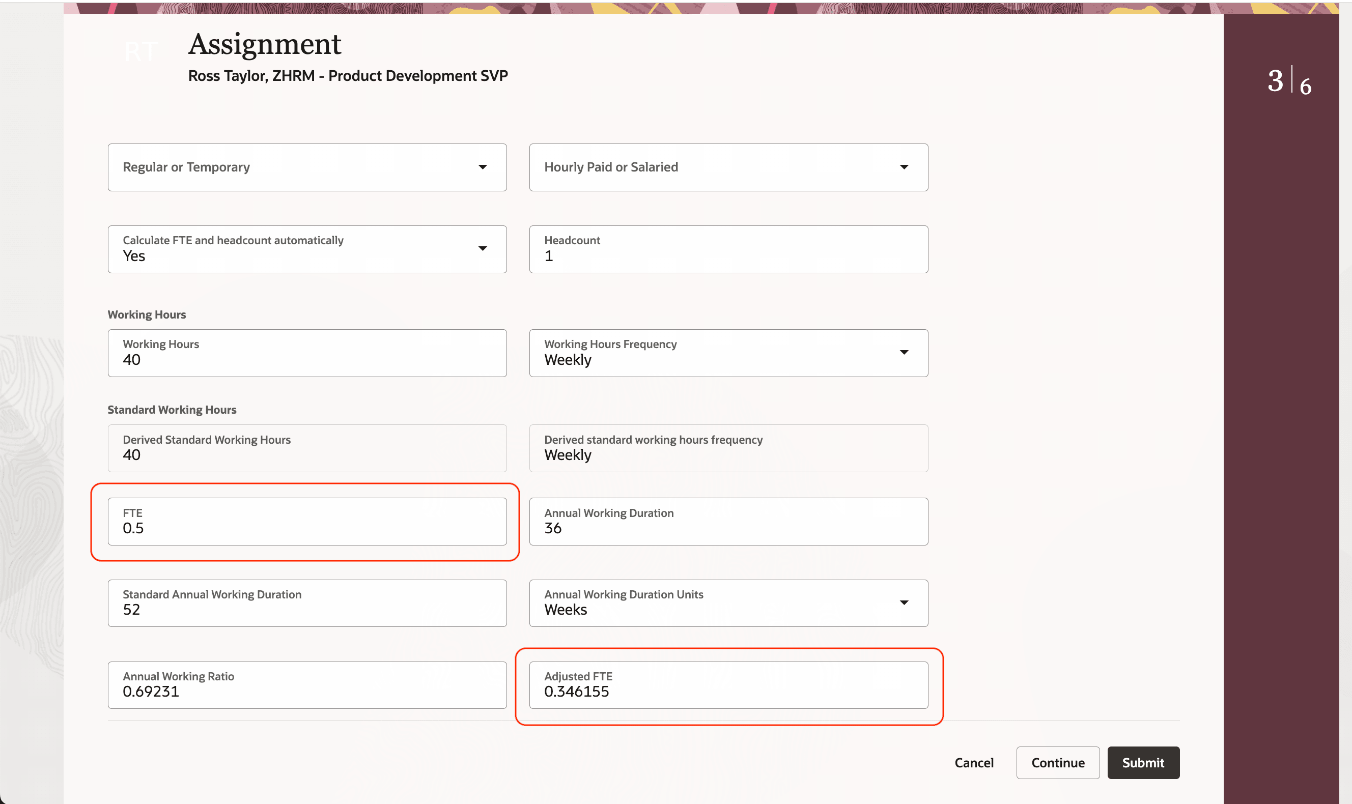 Assignment Page Showing a 0.5 FTE and 0.346155 Adjusted FTE