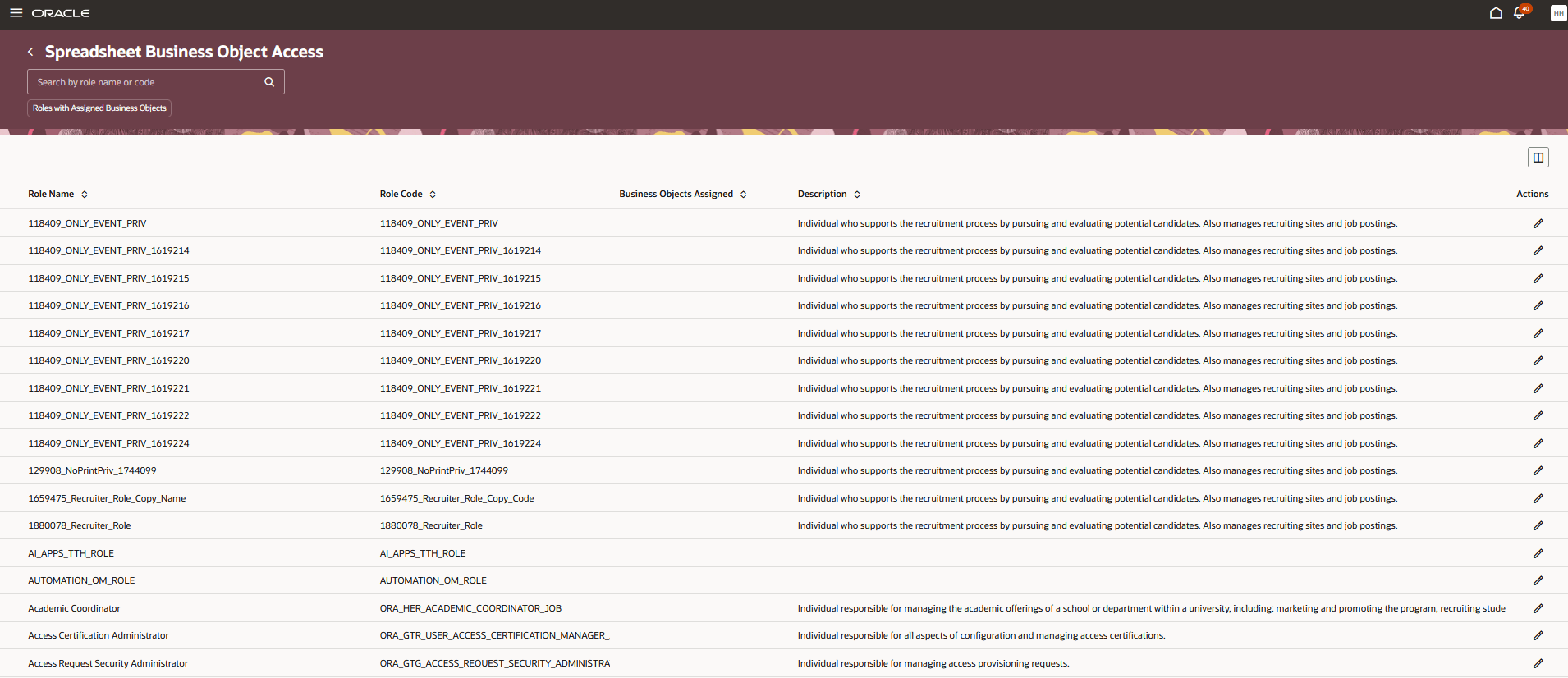 Spreadsheet Business Object Access page