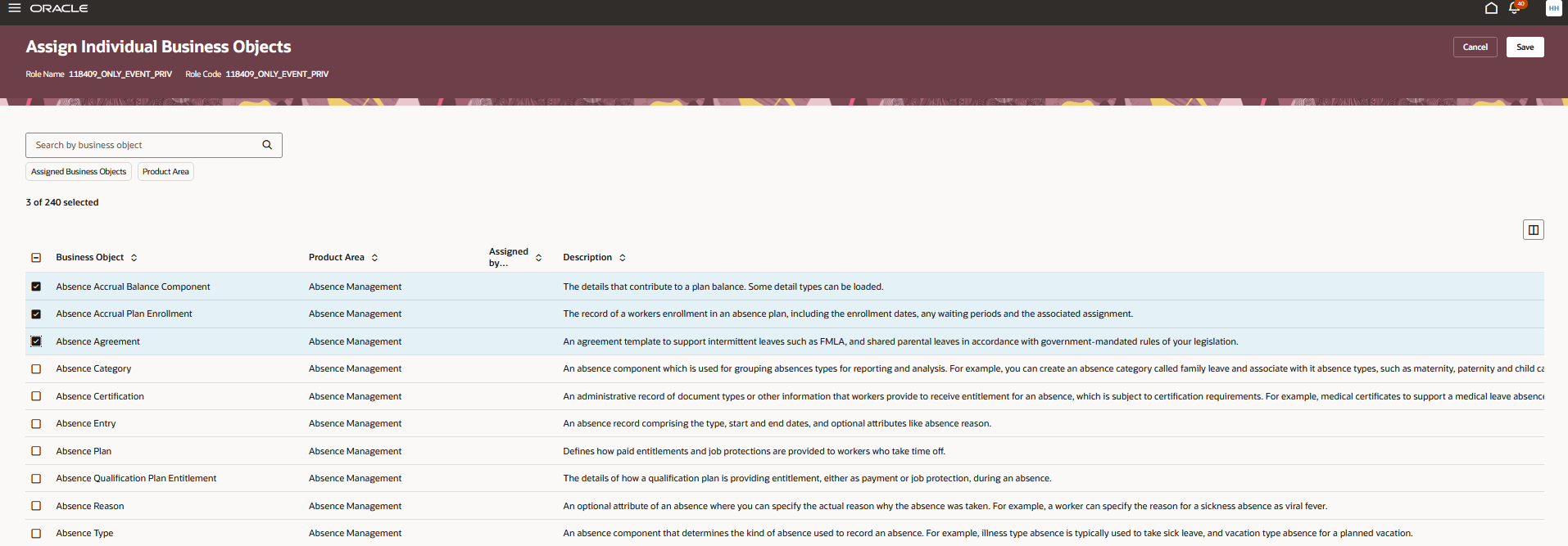 Assign Individual Business Objects page