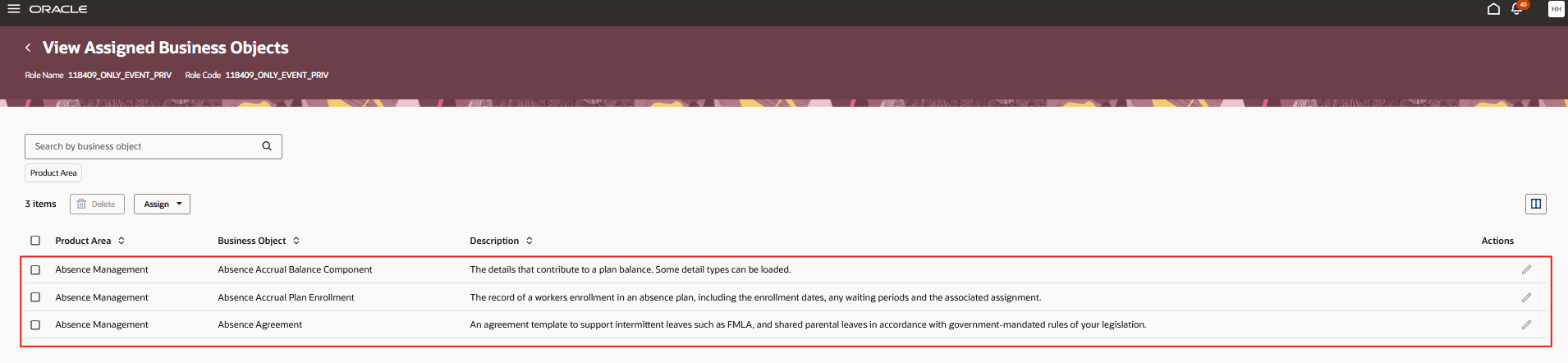 Assigned Business Objects on View page