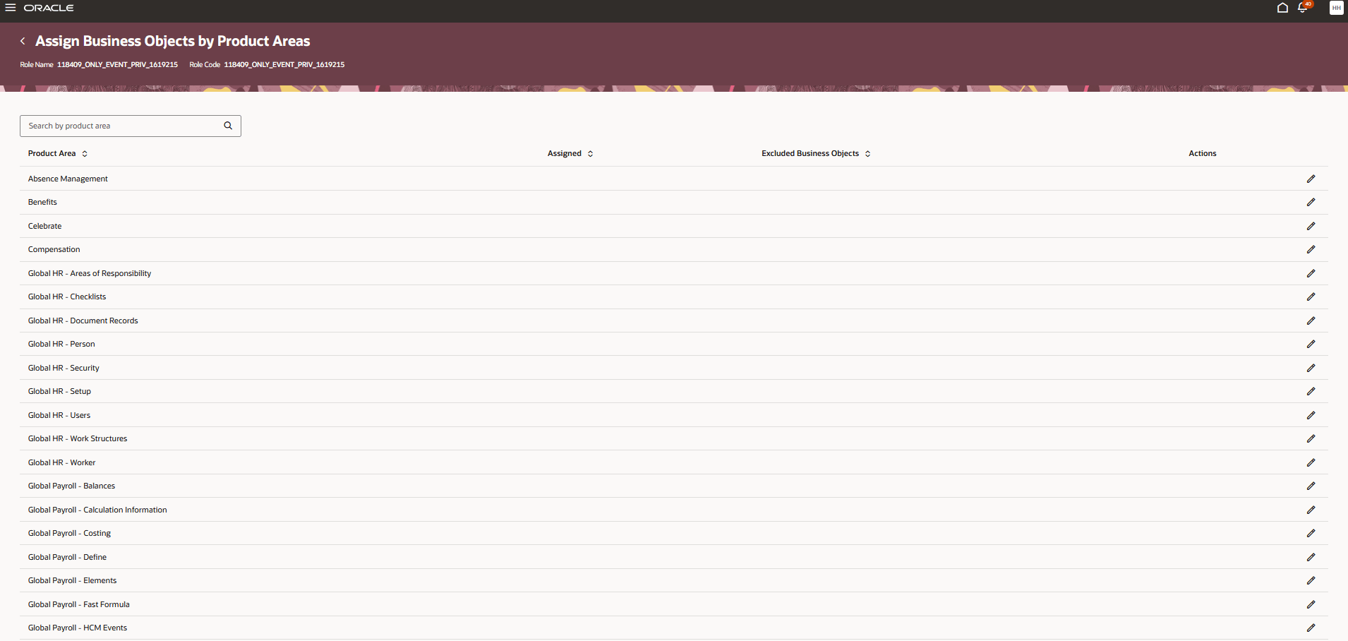 Assign Business Objects by Product Area page