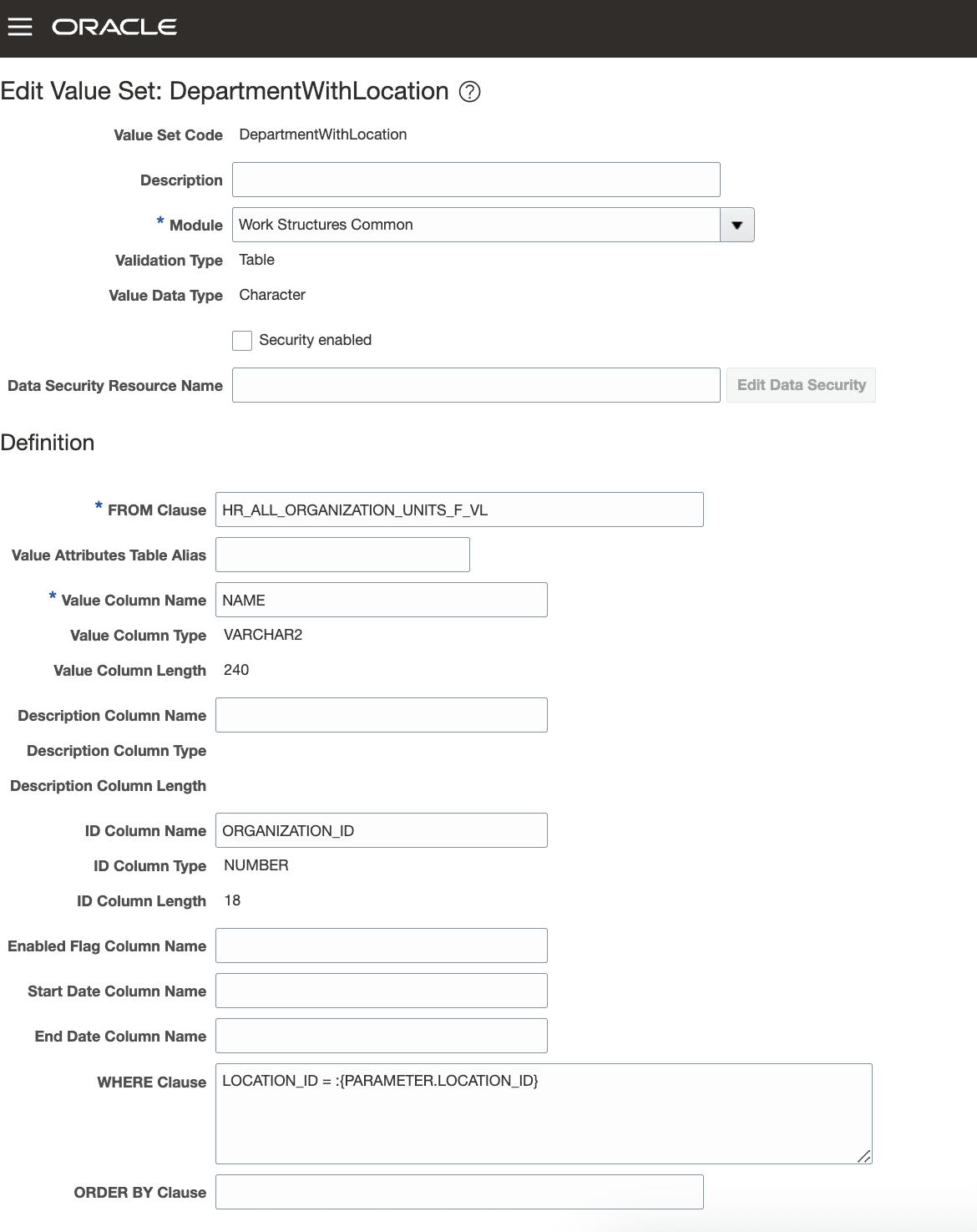 Value set defined for the Location parameter