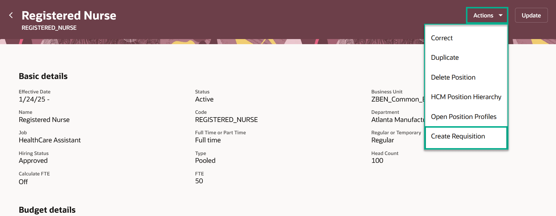 Create Requisition action in the Actions menu of a position page