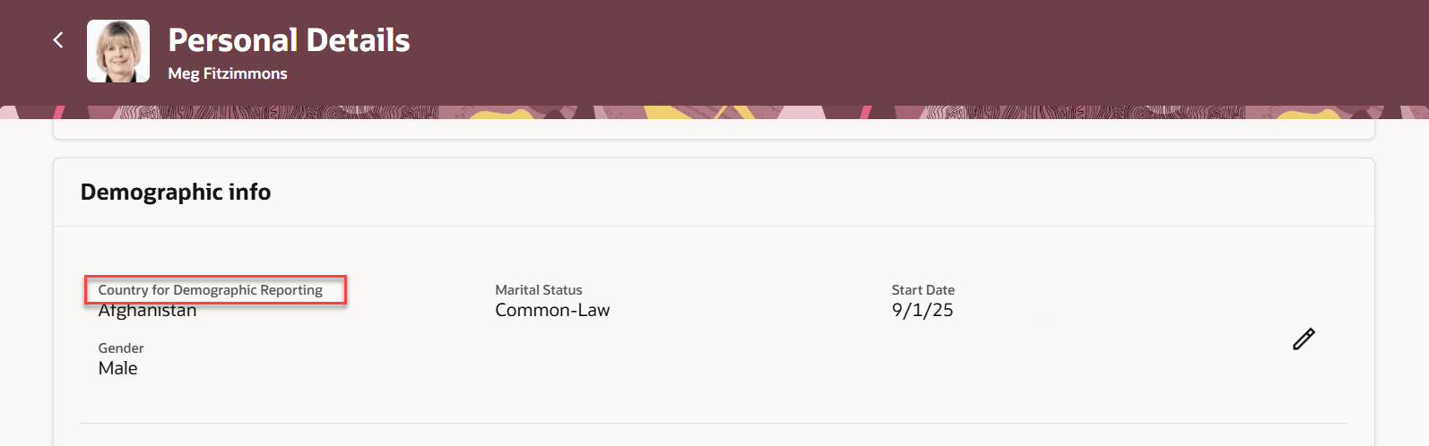 Label for Country for Demographic Reporting on the Personal Details page