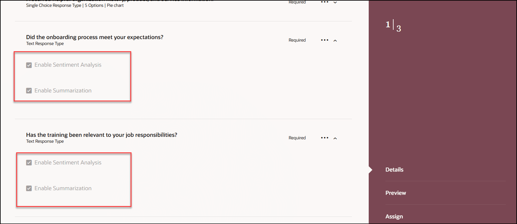 Enabled Sentiment Analysis and Summarization Displayed for Textual Responses