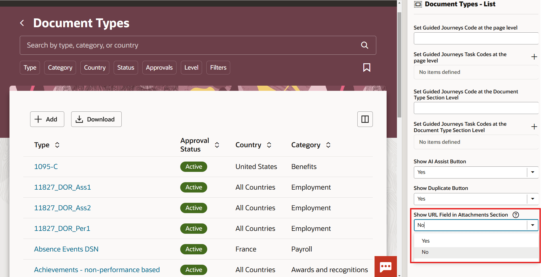 Values for the Show URL field in Attachments Section property
