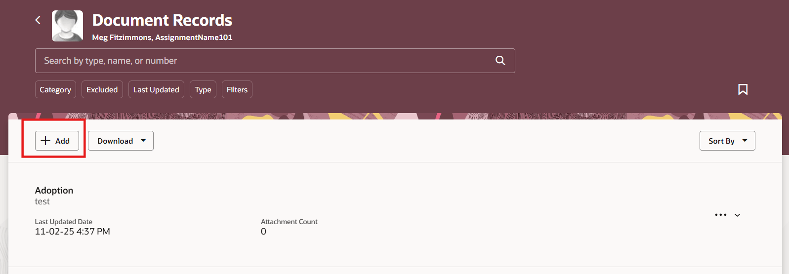 Add button on the Document Records list page