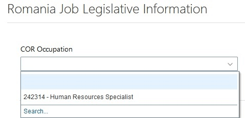 Screen capture of the Romania job legislative information with value added to the COR Occupation attribute.