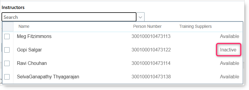 Instructor Drop-Down List Showing That 1 Instructor has Inactive Availability