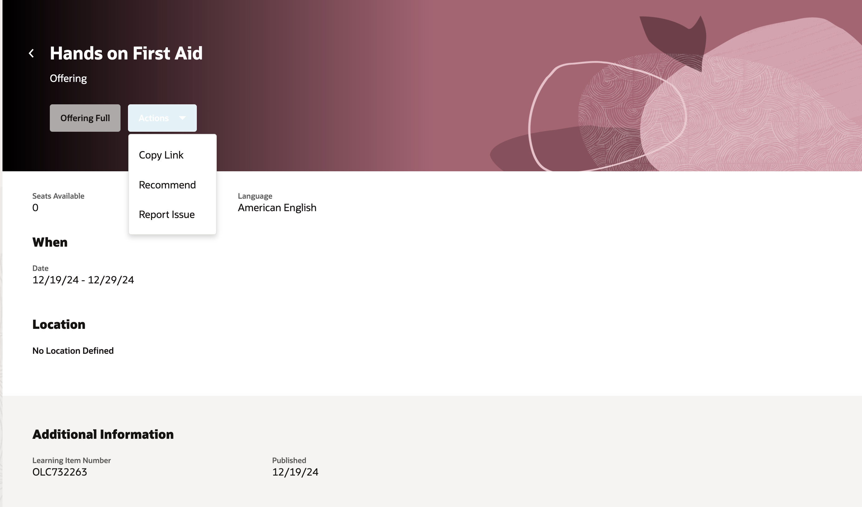 Offering Details Page Without the Assign Learning to My Team Action