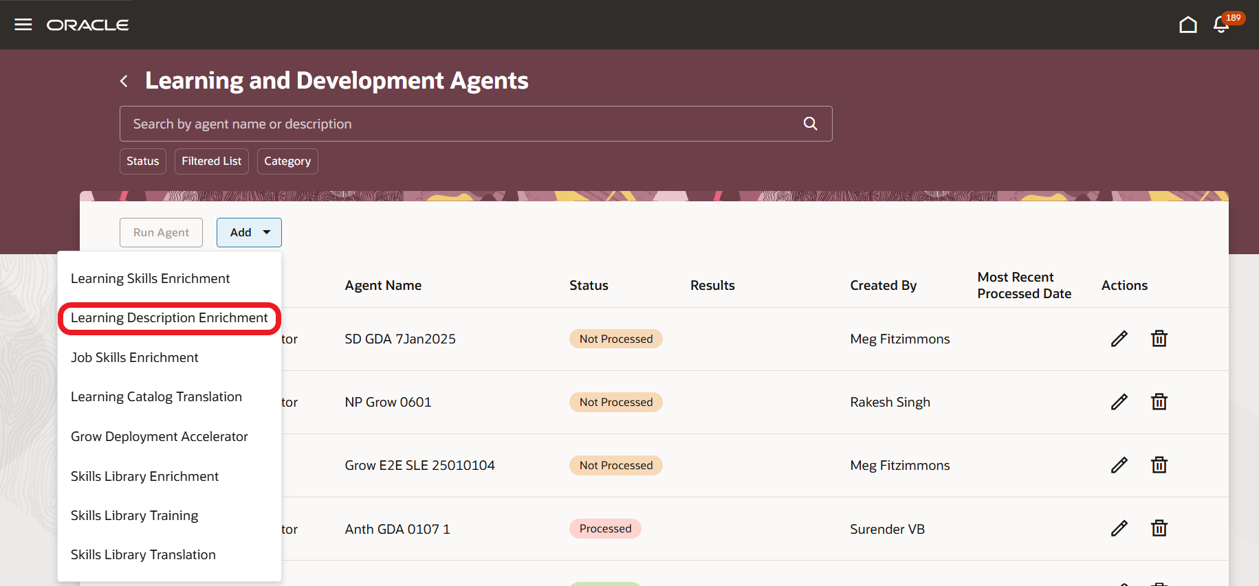 Learning and Development Agents Page Showing the Learning Description Enrichment Option on the Add Menu