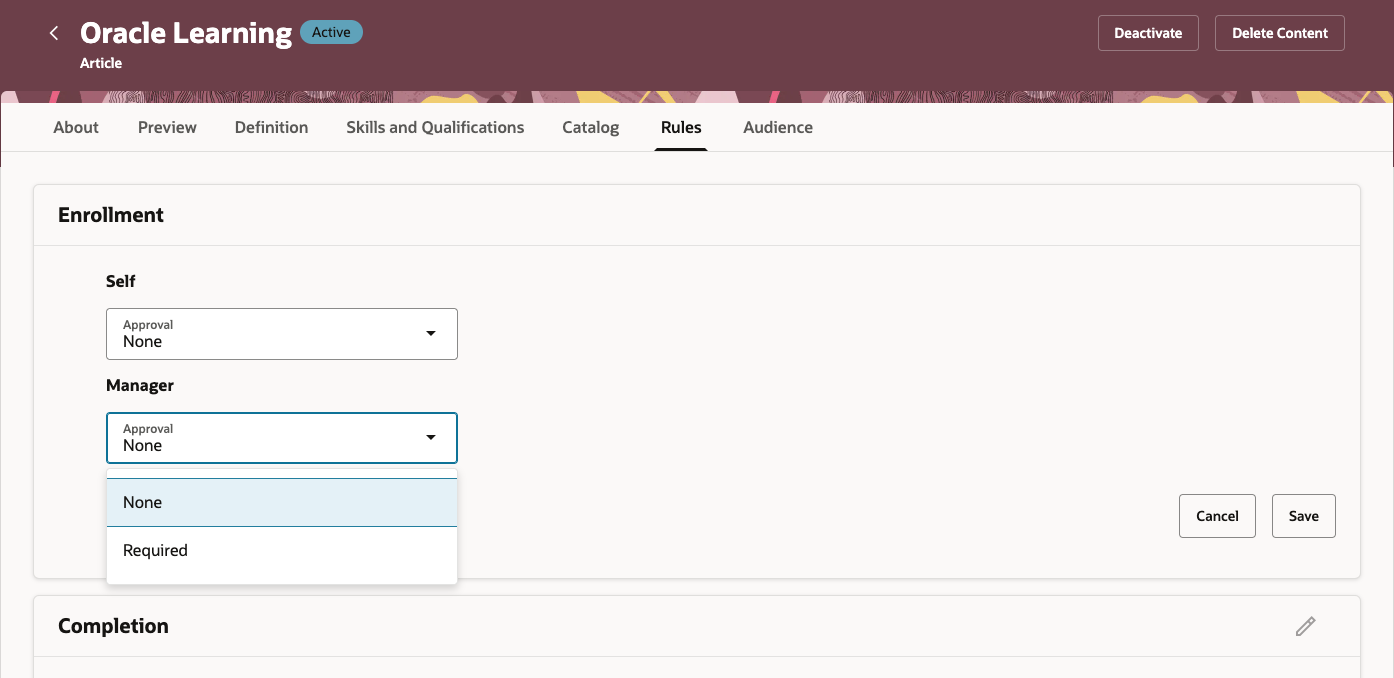 A Self-Paced Learning Configuration Page Showing Enrollment Approval Options