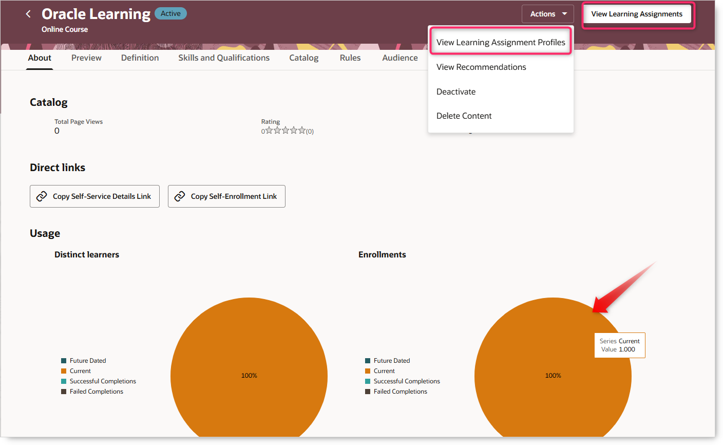 Catalog Details Page with the View Learning Assignments action and Enrollments Pie Chart