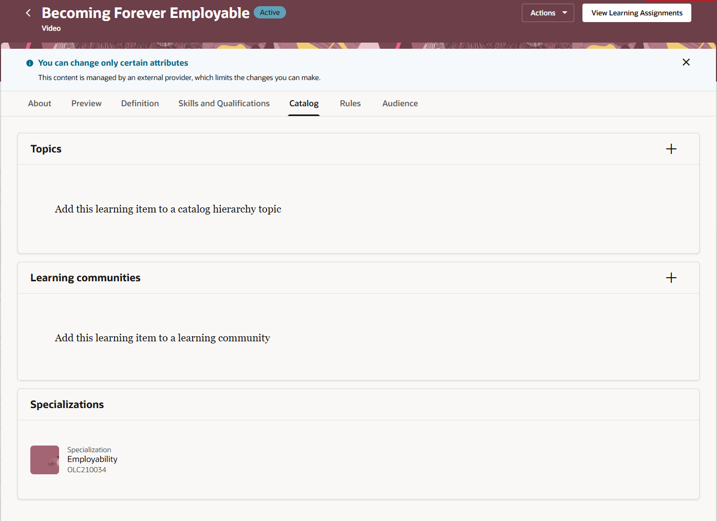 Catalog Tab Featuring a Read-Only List of Specializations