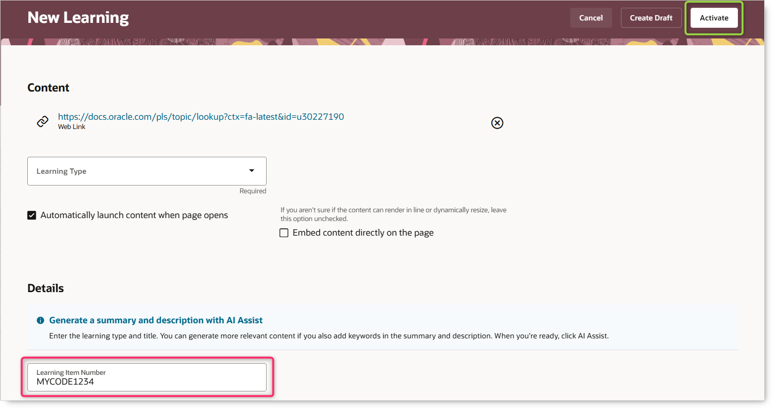Self-Paced Learning Creation Page with the Action Action and Option to Customize the Learning Item Number