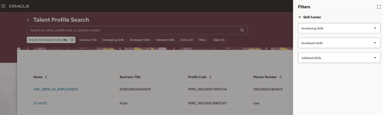 Filter criteria in Talent Profile Search