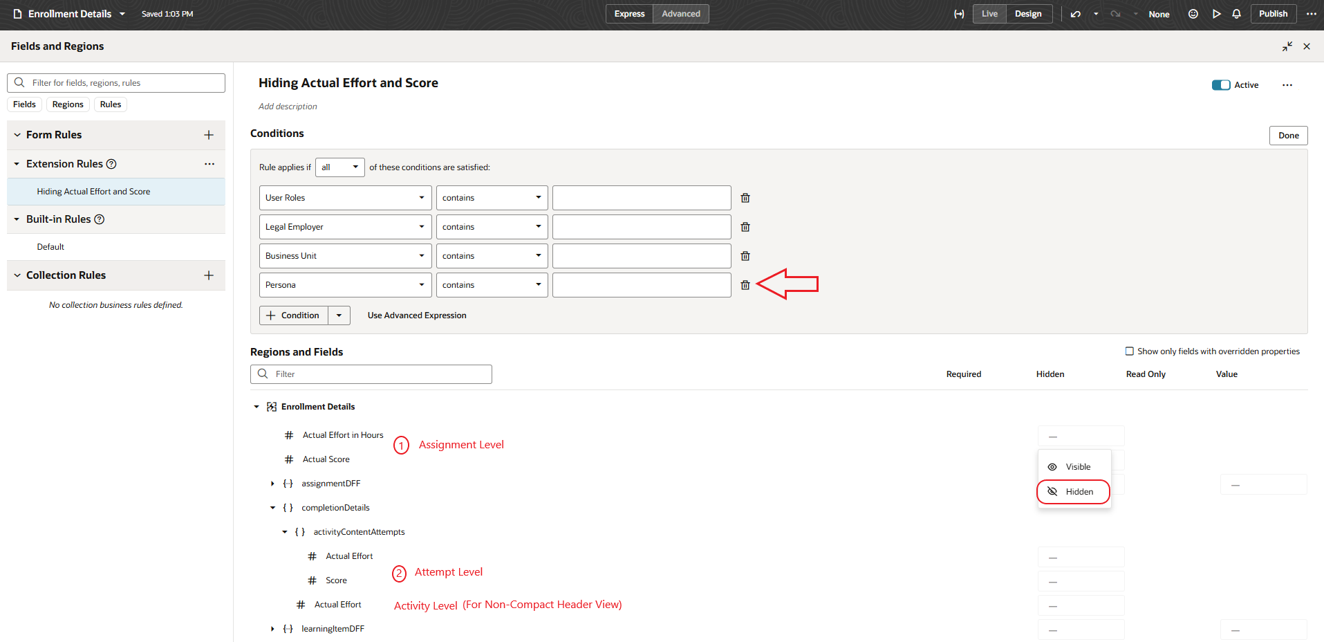 Configuration in Visual Builder for Actual Efforts and Score