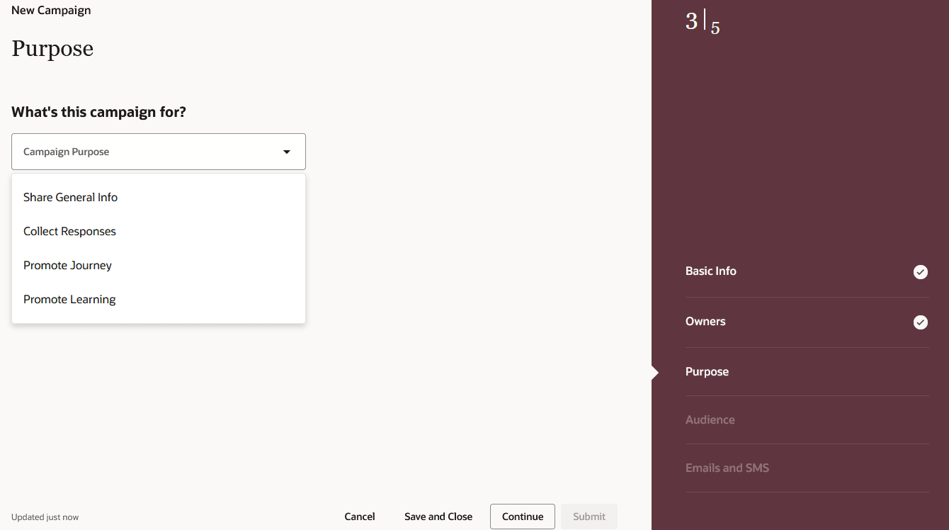 Screen capture shows the campaign purposes