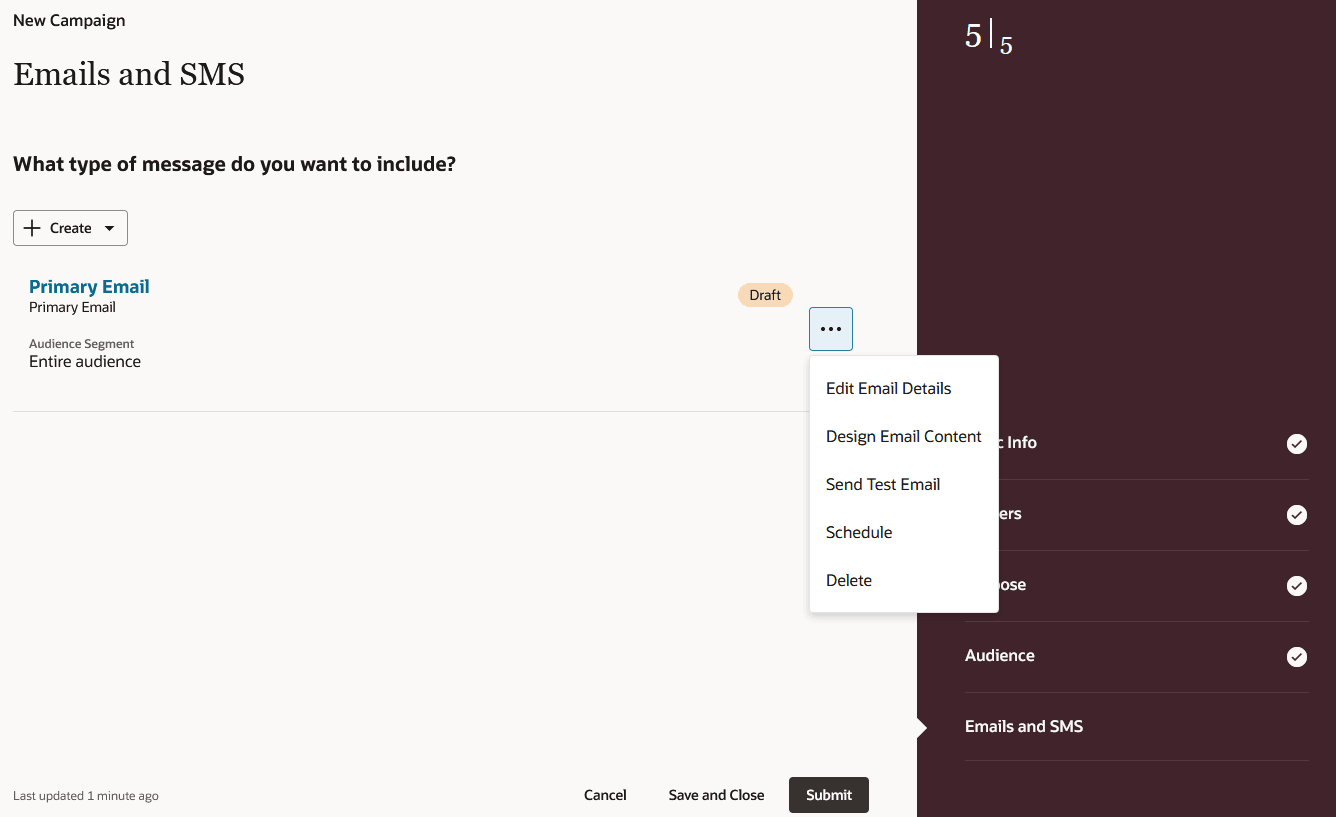 Screen capture shows the Emails and SMS page