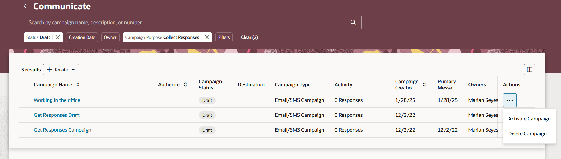 Screen capture shows the Communicate page with the Actions menu