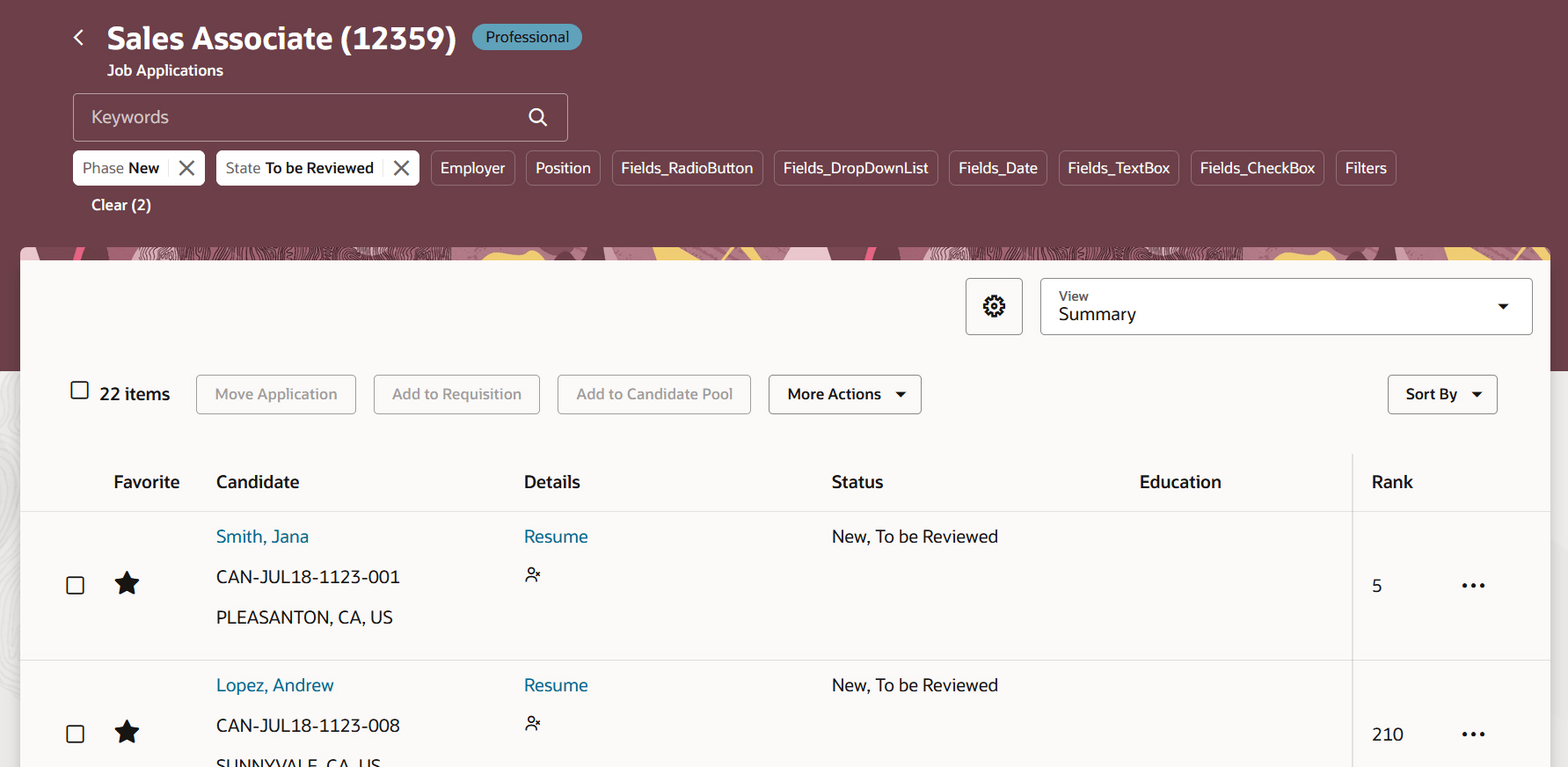 Screenshot showing job applications marked as favorite