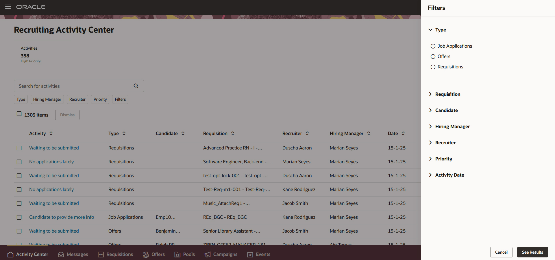 Screenshot shpowing filters on the Recruiting Activitry Center page